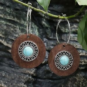 Boho Wood Silver Turquoise Hoop Drop Earrings